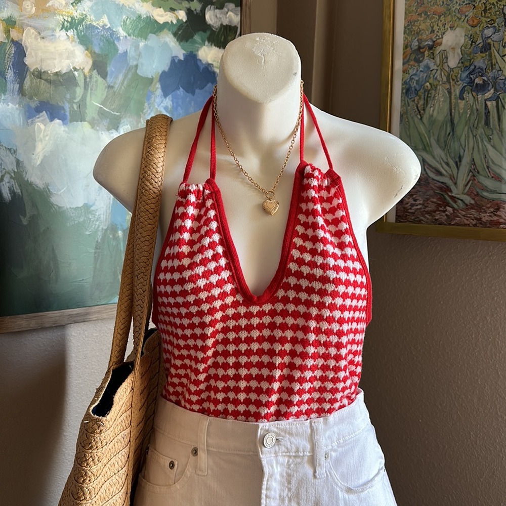 Zara White and Red Knit Halter Top NWT